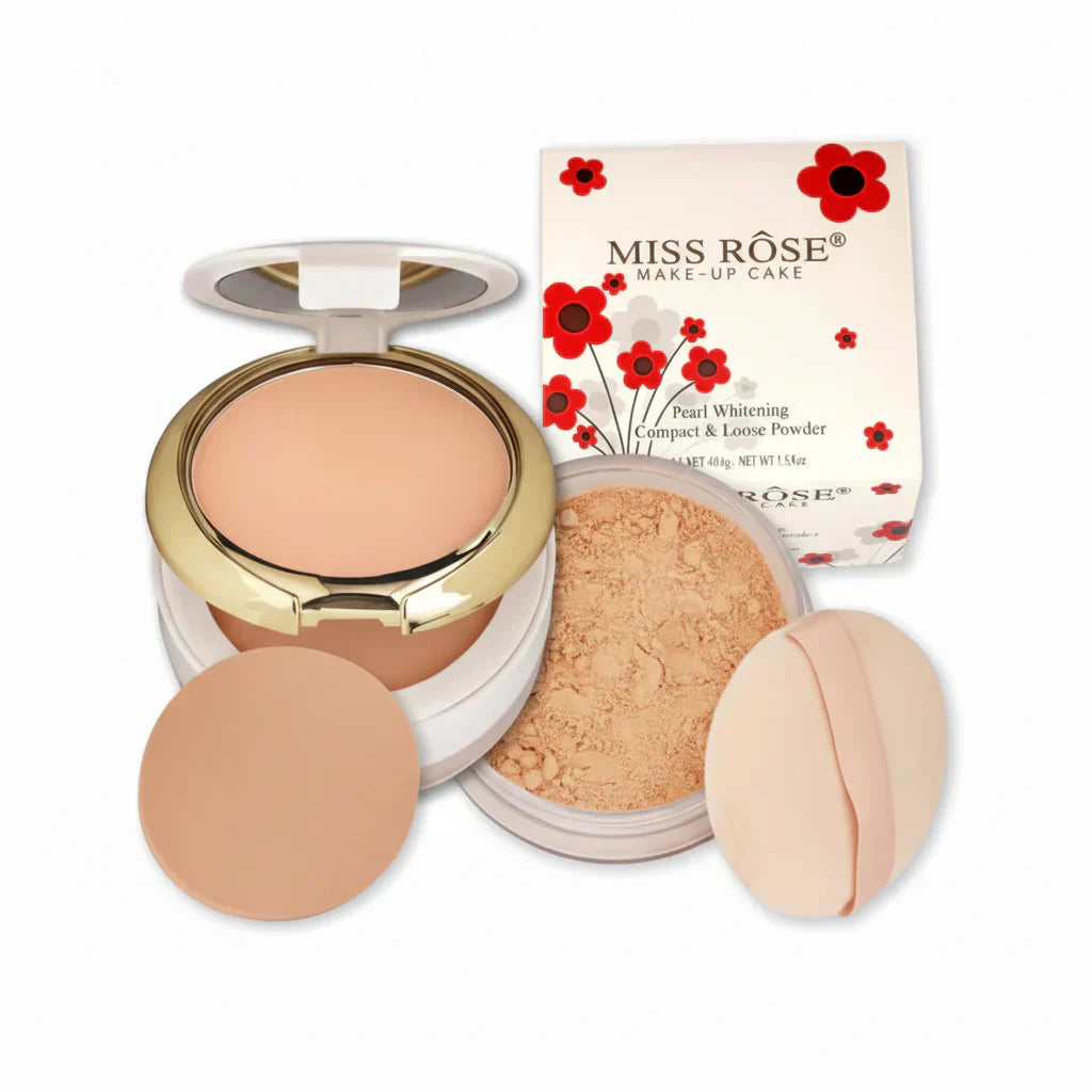 MISS ROSE (3 in 1) Professional 3D Pearl Whitening Compact & Loose Powder - 45g
